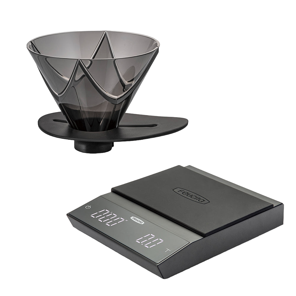 Hario V60 Mugen Dripper And Felicita Incline Scale Bundle The English hario-v60-mugen-dripper-and-felicita-incline-scale-bundle-the-english